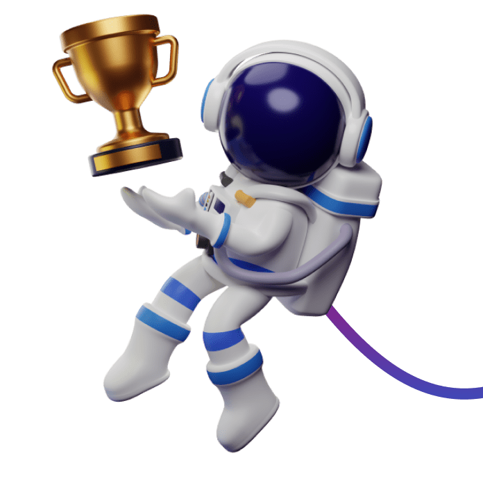 A floating astronaut with a golden trophy