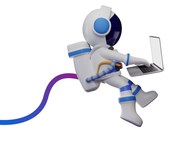 A tethered astronaut working on a laptop