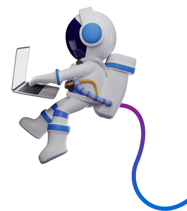 A floating astronaut working on a laptop