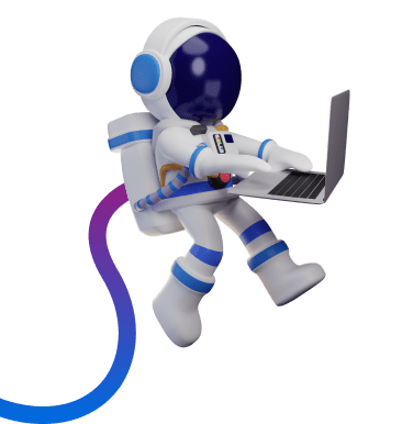 A tethered astronaut working on a laptop