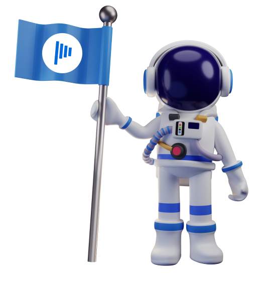 An astronaut holding a blue flag