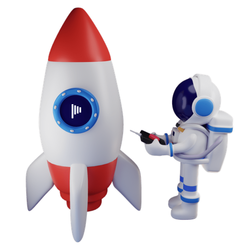 An astronaut in front of a rocket, holding a remote control