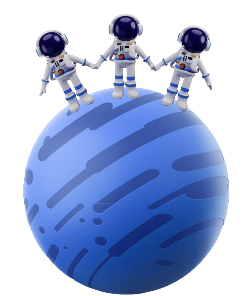 Three astronauts standing on a blue planet